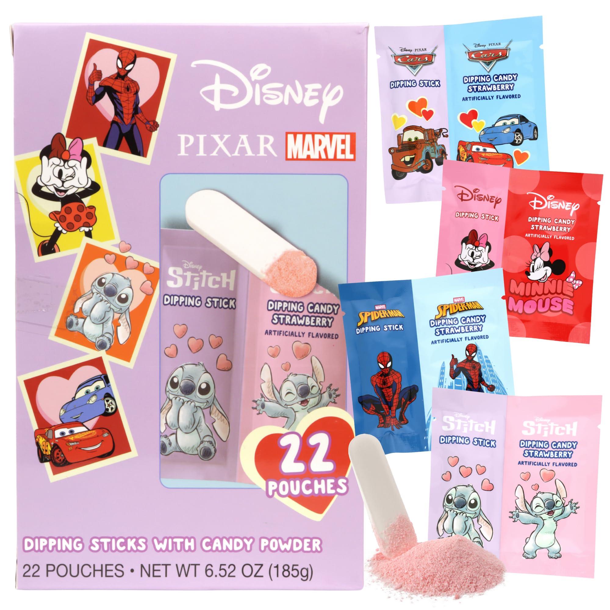 Disney Candy, Cars, Spiderman, Mickey and Minnie and Stitch Themed, Strawberry Flavored Dipping Powder, Birthday Party Favor Treats, 22 Pouches Inside - Image 7