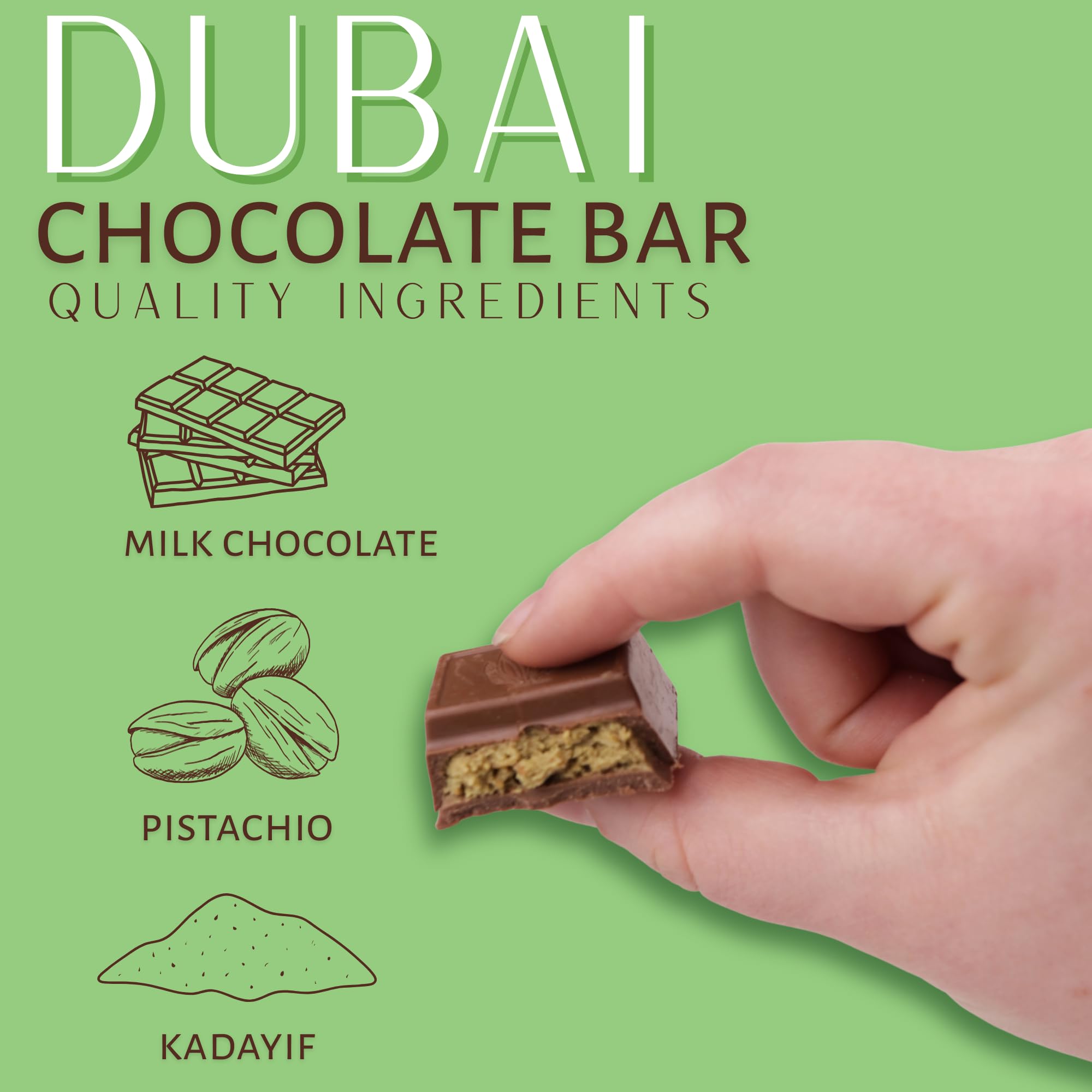 Dubai Style Candy Bar, Milk Chocolate with Pistachio and Kadayif Filling, Easter Basket Stuffers, 2.47 Ounces (Pack of 2) - Image 3