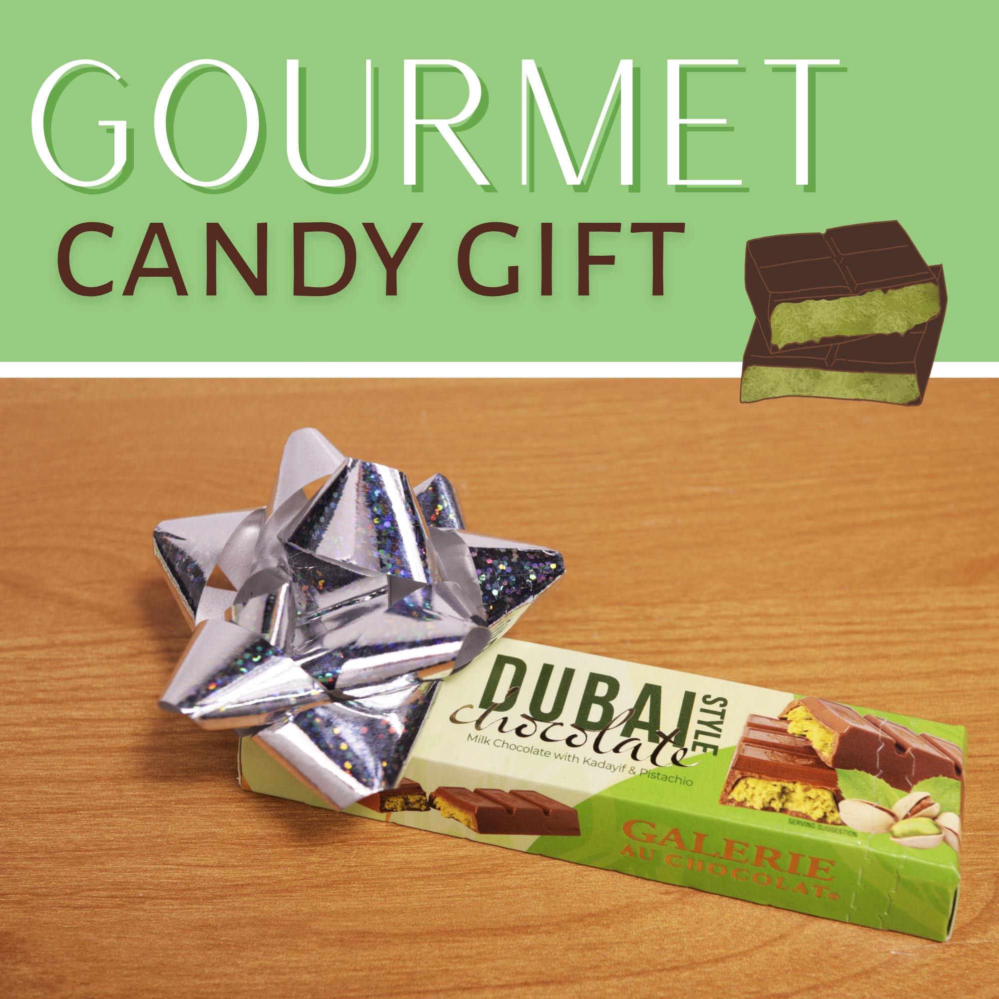 Dubai Style Candy Bar, Milk Chocolate with Pistachio and Kadayif Filling, Easter Basket Stuffers, 2.47 Ounces (Pack of 2) - Image 5