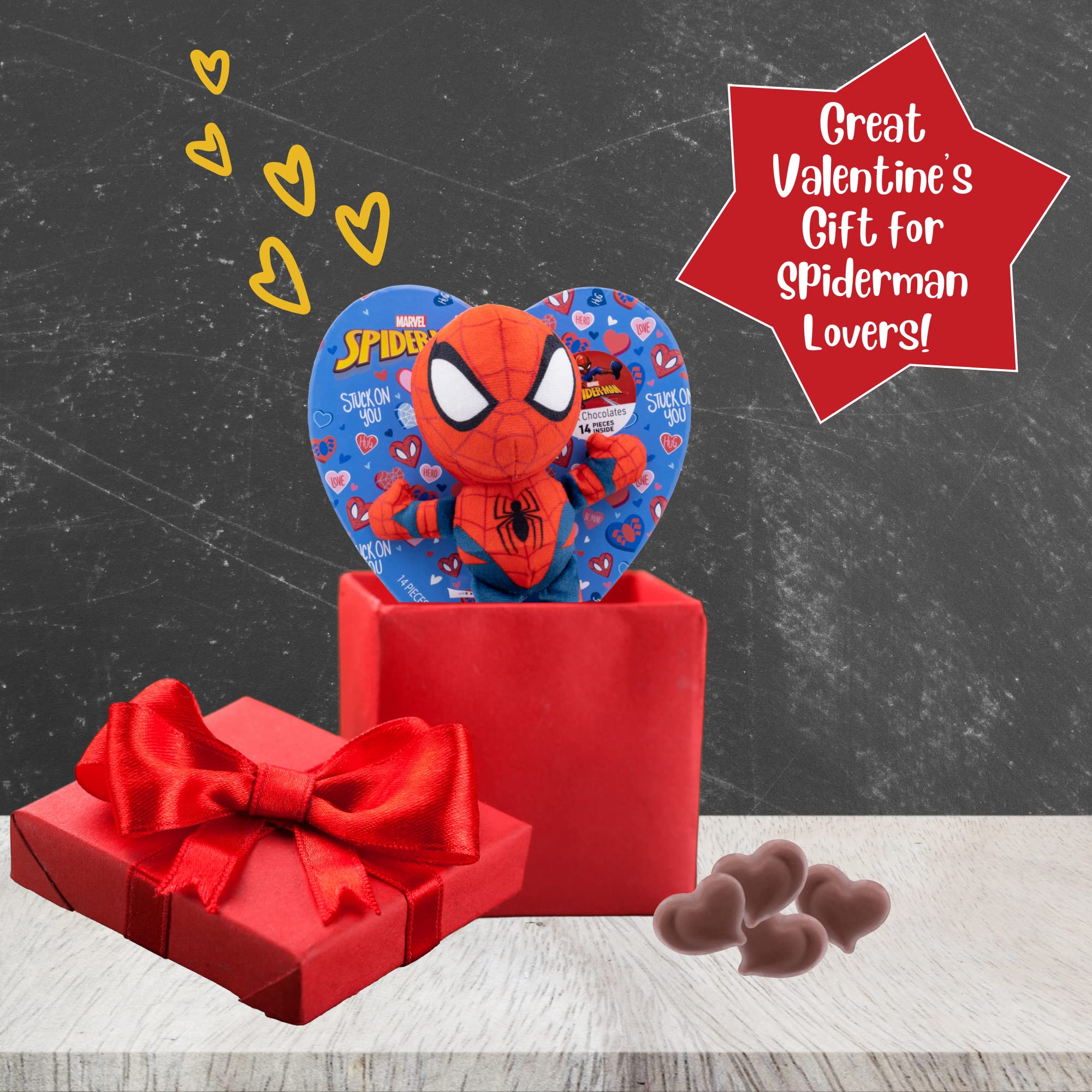 Spiderman Heart Box with Plush, Marvel Chocolatey Candy Assortment, Valentines Gift for Boys, 14 Individually Wrapped Candies, 2.96 Ounces - Image 6